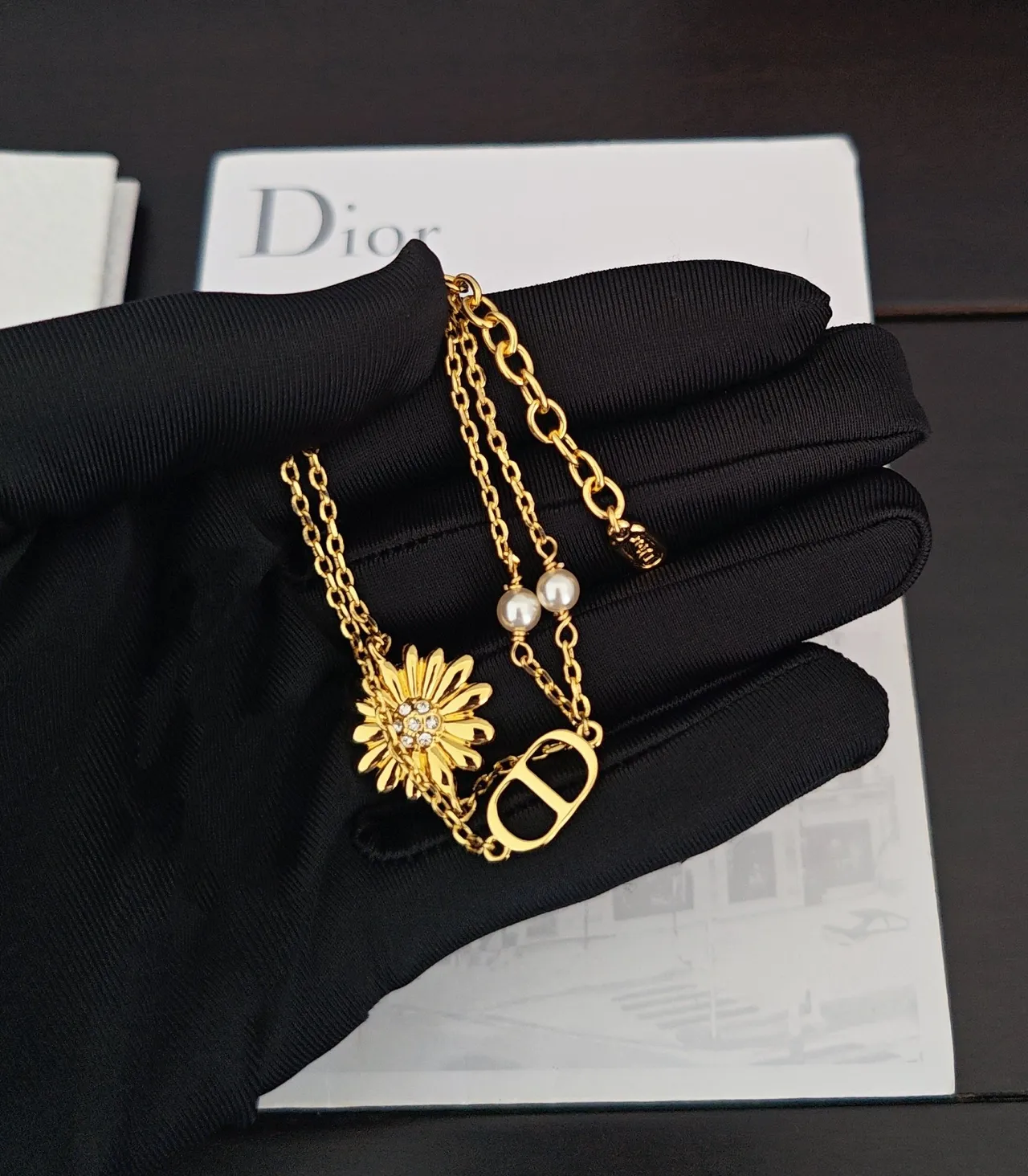 Dior Gold White Double-Chain Pearl Accents Bracelet 5