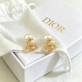Dior Gold White Metal Double Pearl Drop Earrings