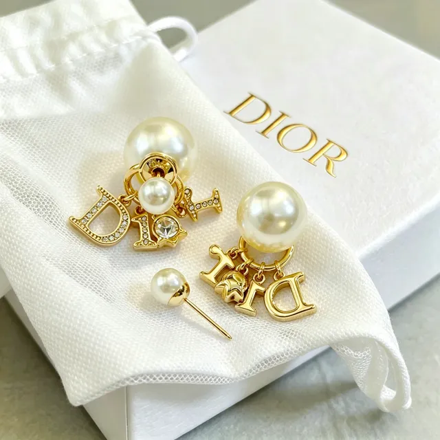 Dior Gold White Metal Double Pearl Drop Earrings 2
