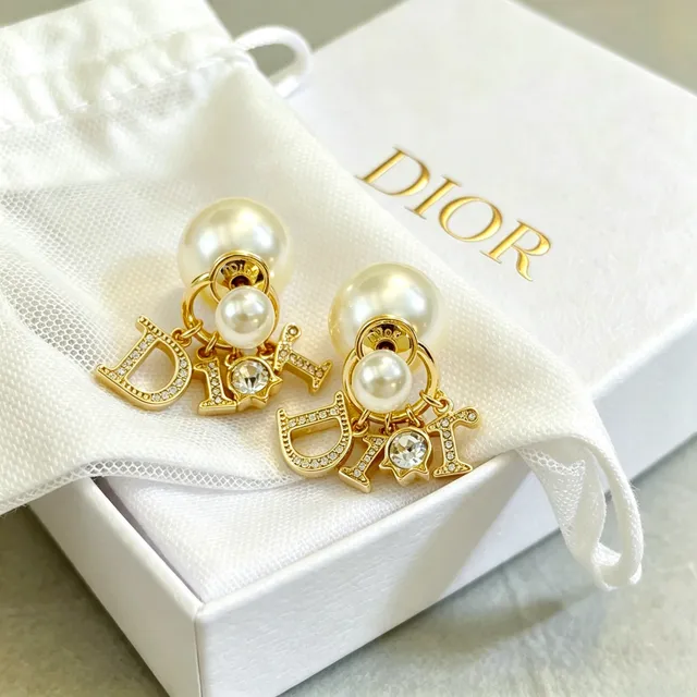 Dior Gold White Metal Double Pearl Drop Earrings 3