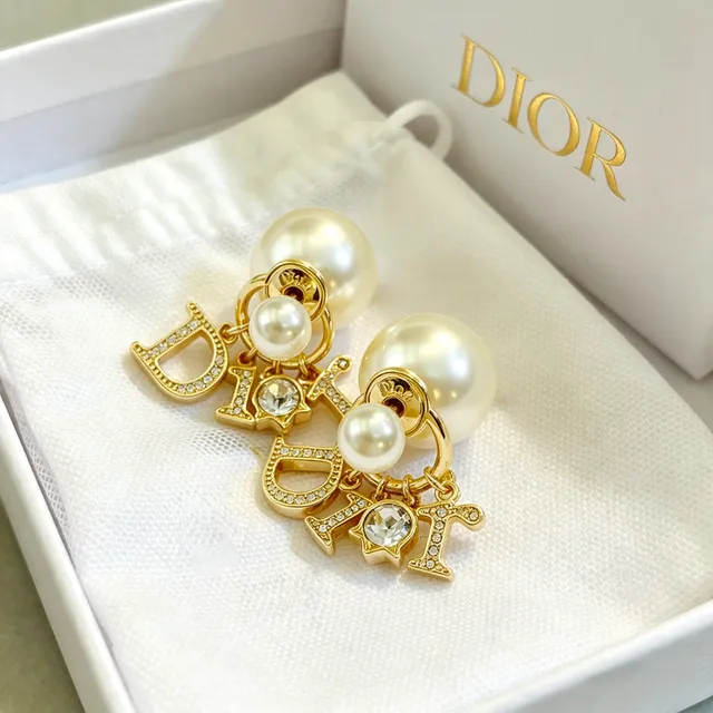 Dior Gold White Metal Double Pearl Drop Earrings 4