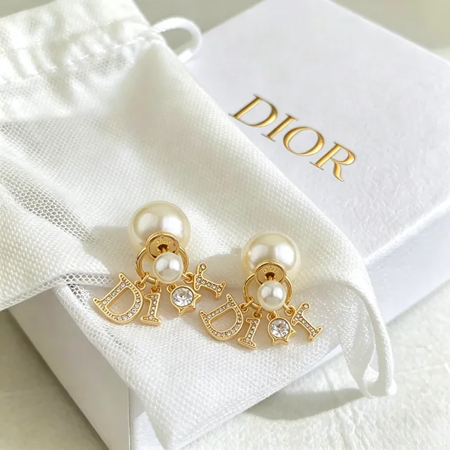 Dior Gold White Metal Double Pearl Drop Earrings 5