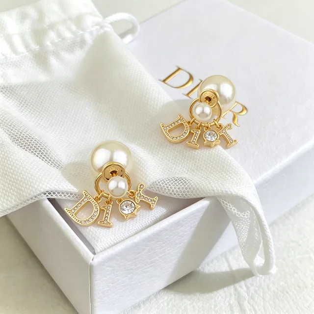 Dior Gold White Metal Double Pearl Drop Earrings 6