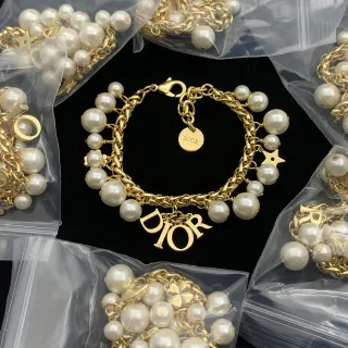 Dior Gold White Multi-Chain Pearl-Embellished Bracelet