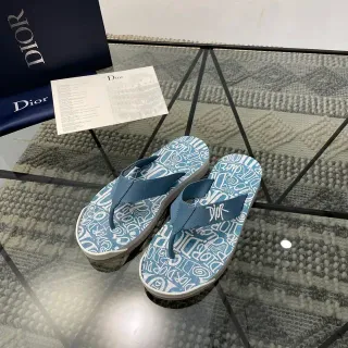 Dior ग्राफिक प्रिंट नीली सफेद प्लेटफॉर्म स्लिपर्स