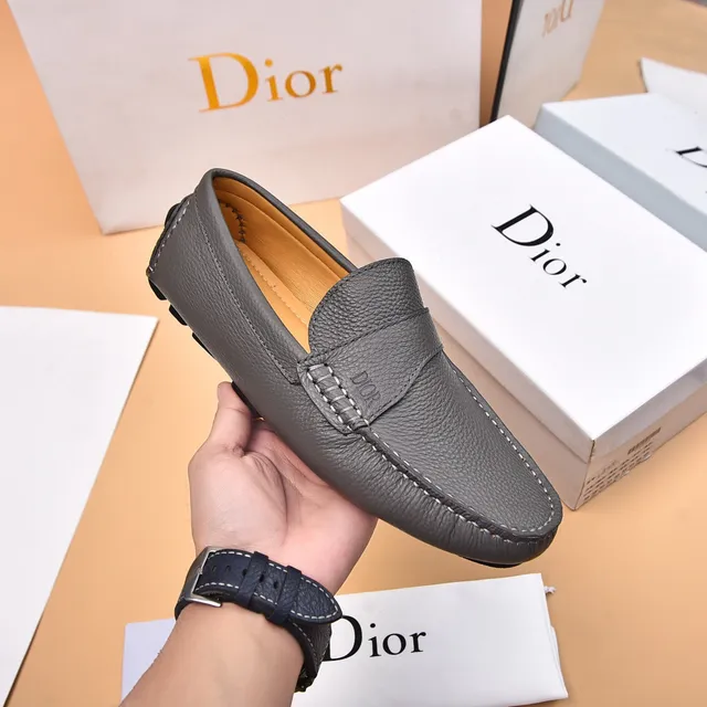 Dior Mocassin en Cuir Granulé Beige Gris à Bride Penny 6