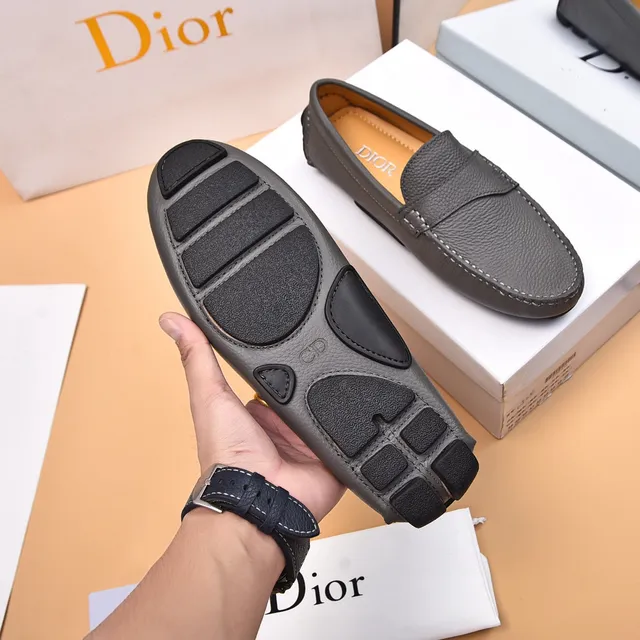 Dior Mocassin en Cuir Granulé Beige Gris à Bride Penny 8