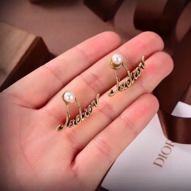 Dior J'adore Gold White Script Pearl-Accented Earrings 2