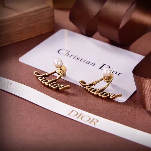 Dior J'adore Gold White Script Pearl-Accented Earrings 6
