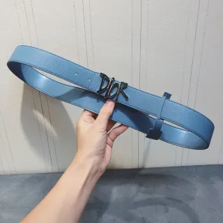 Dior Logo Buckle Light Blue Pebbled Leather Belt