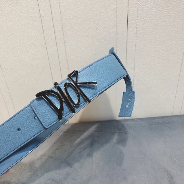 Dior Logo Buckle Light Blue Pebbled Leather Belt 4