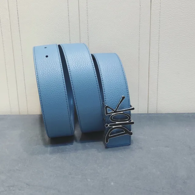 Dior Logo Buckle Light Blue Pebbled Leather Belt 5