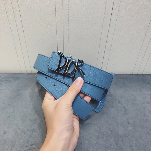 Dior Logo Buckle Light Blue Pebbled Leather Belt 6