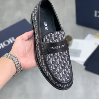 Dior Navy Beige Oblique Jacquard Fabric Black Leather Strap Loafer