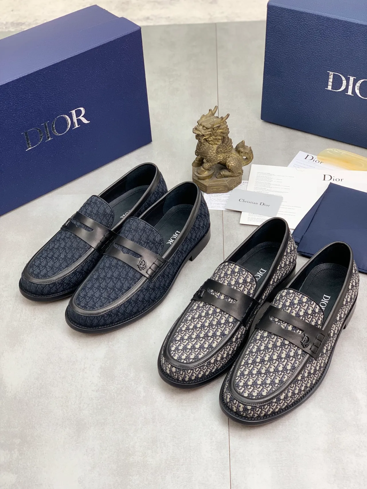 Dior Marine Beige Oblique Jacquard Tissu Cuir Noir Sangle Mocassin 2