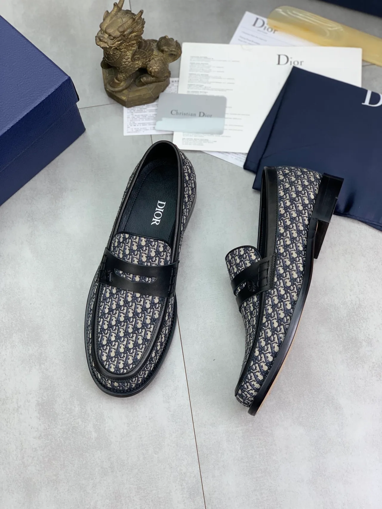 Dior Marine Beige Oblique Jacquard Tissu Cuir Noir Sangle Mocassin 4