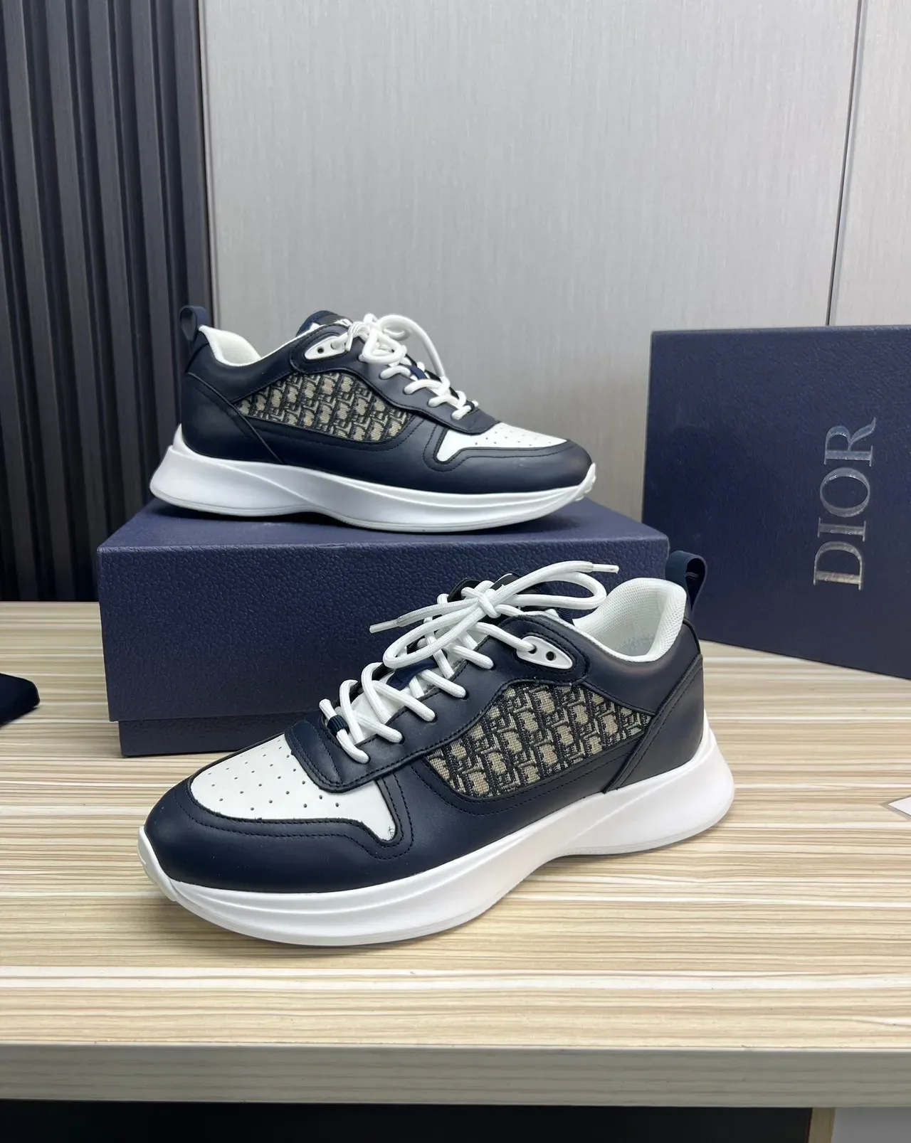 Dior Navy White Monogrammed Textile Panel Perforated Toe Cap Lifestyle Sneakers 4