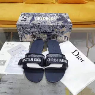 Dior Navy White Wide Branded Strap Flat Rubber Sole Slippers