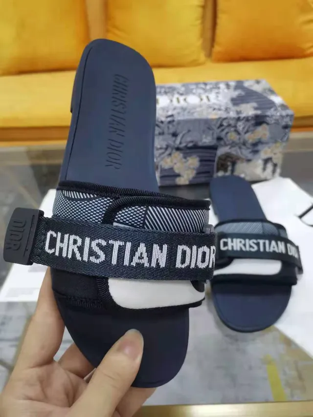 Dior Navy White Wide Branded Strap Flat Rubber Sole Slippers 2
