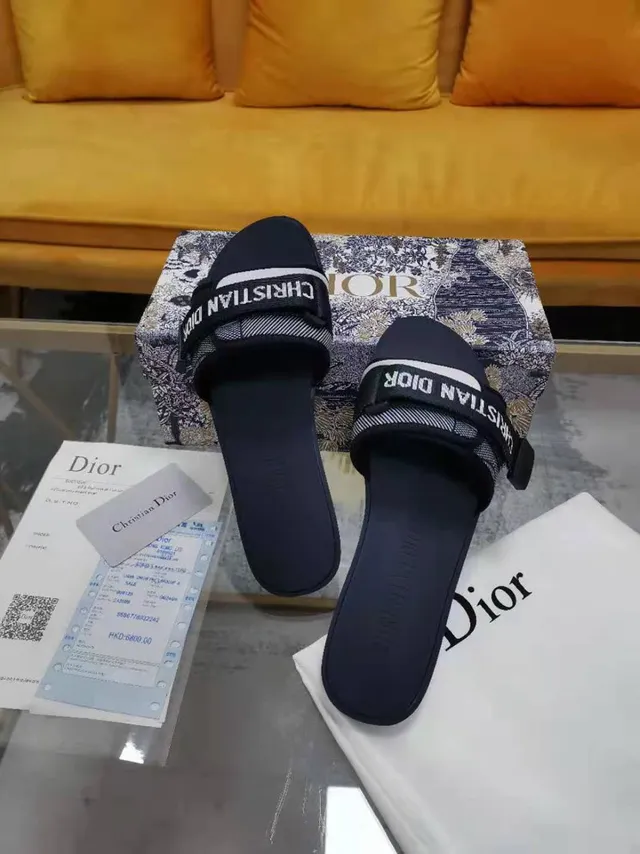 Dior Navy White Wide Branded Strap Flat Rubber Sole Slippers 4
