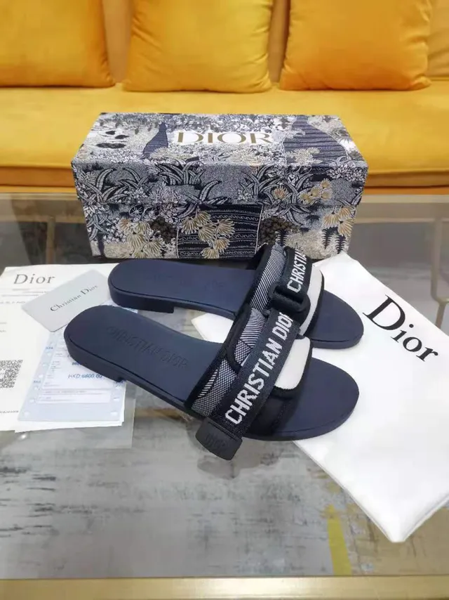 Dior Navy White Wide Branded Strap Flat Rubber Sole Slippers 5