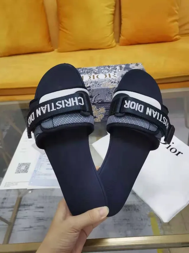Dior Navy White Wide Branded Strap Flat Rubber Sole Slippers 6