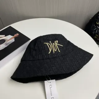 Dior Oblique Black Gold Jacquard Fabric Embroidered Logo Bucket Hat