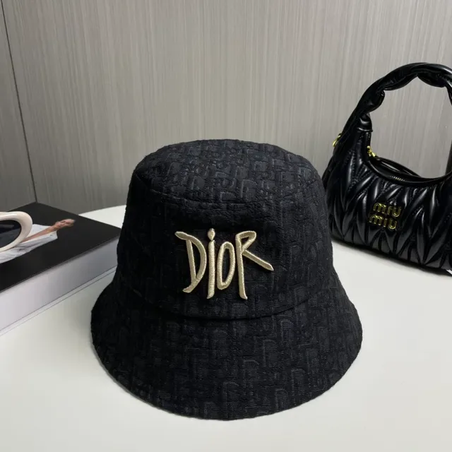 Dior Oblique Black Gold Jacquard Fabric Embroidered Logo Bucket Hat 2