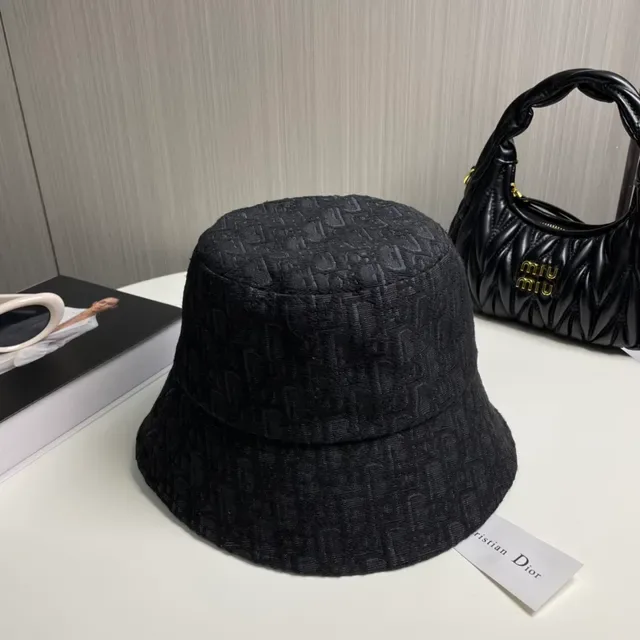 Dior Oblique Black Gold Jacquard Fabric Embroidered Logo Bucket Hat 4