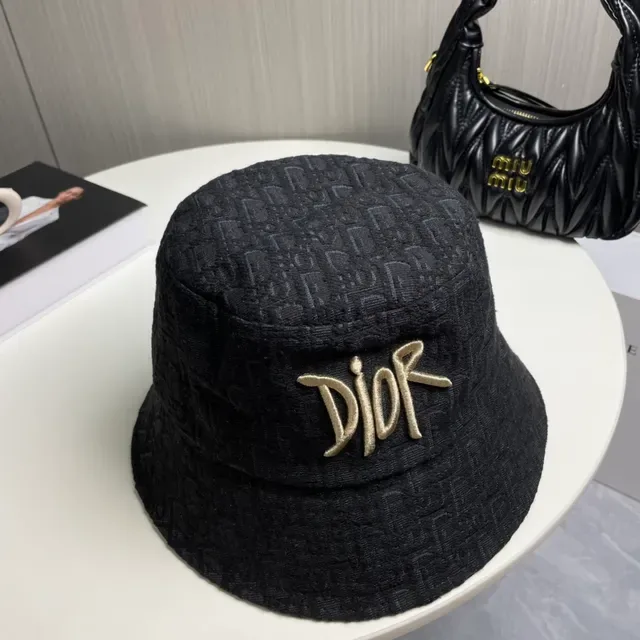 Dior Oblique Black Gold Jacquard Fabric Embroidered Logo Bucket Hat 6