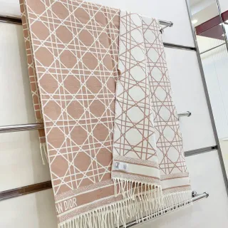 Dior Oblique Geometric Lattice Beige and White Cashmere Scarf