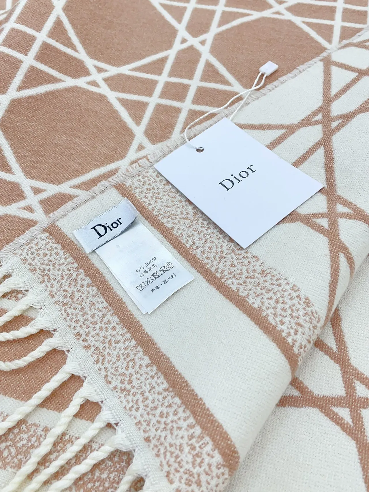 Écharpe Dior Oblique Geometric Lattice Beige et Blanc en Cachemire 9