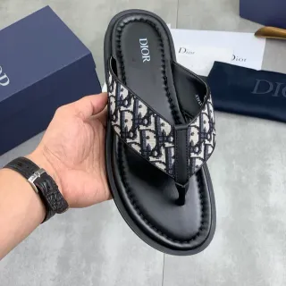 Dior Oblique Jacquard Slipper Black Beige Strap Padded Leather Footbed Slippers