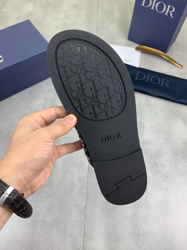 Dior Oblique Jacquard Slipper Black Beige Strap Padded Leather Footbed Slippers 3