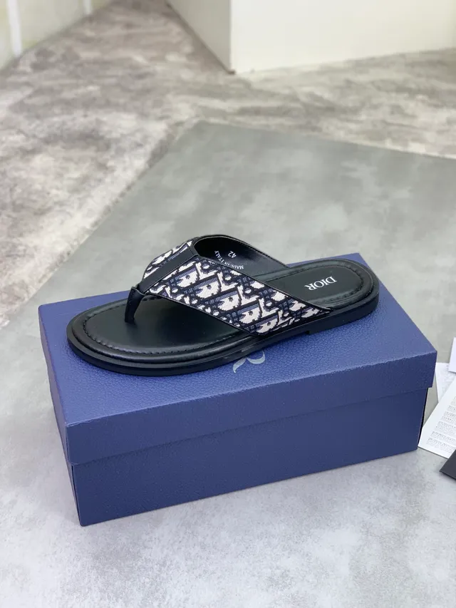 Dior Oblique Jacquard Slipper Black Beige Strap Padded Leather Footbed Slippers 4