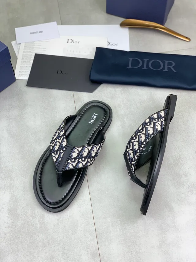 Dior Oblique Jacquard Slipper Black Beige Strap Padded Leather Footbed Slippers 5