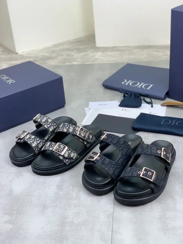 Dior Oblique Slide Black Beige Double-Strap Buckle-Fastened Slippers 2