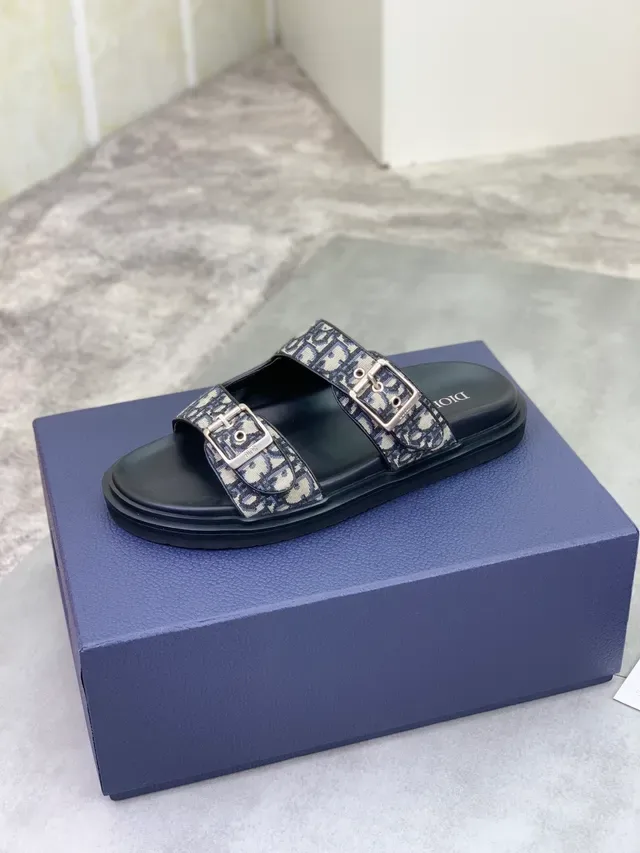 Dior Oblique Slide Black Beige Double-Strap Buckle-Fastened Slippers 4