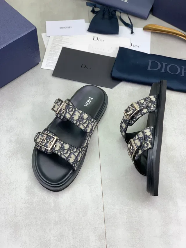 Dior Oblique Slide Black Beige Double-Strap Buckle-Fastened Slippers 5