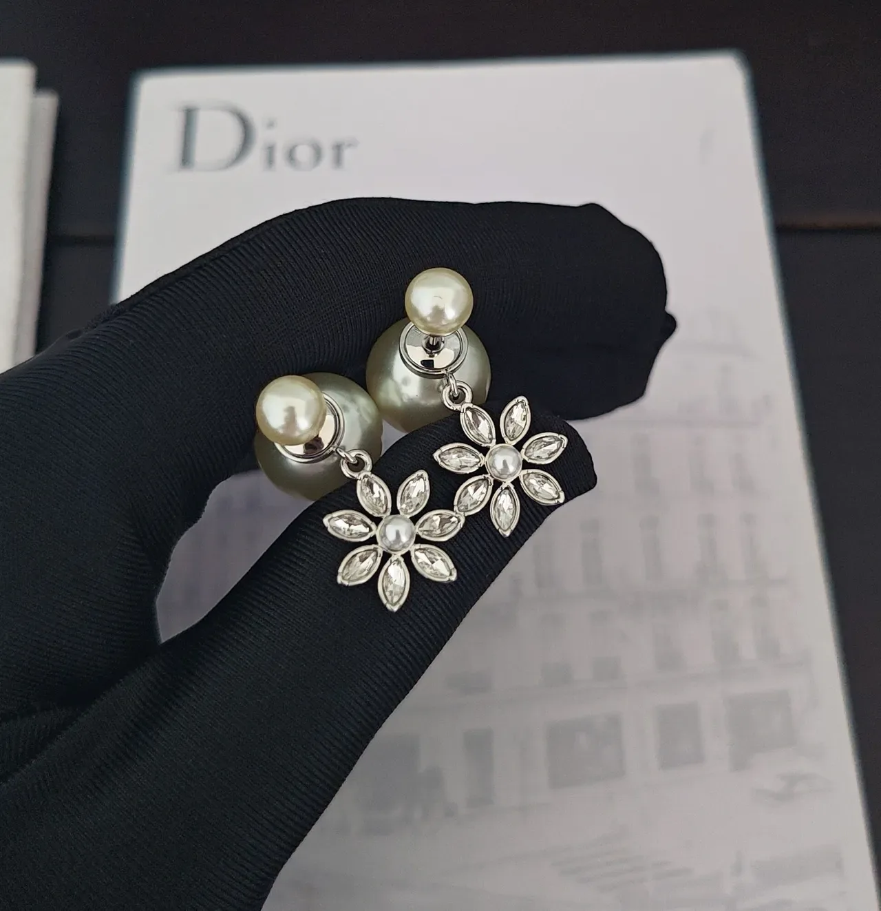Dior Pearl and Crystal Floral Double-Sided Stud Earrings 4