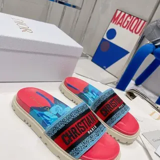 Dior Red Multicolor Platform Sole Woven Strap Slippers