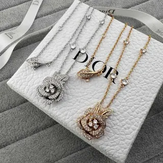 Dior Rose Silver Gold Pavé-Crystal Pendant Leaf-Accent Clasp Collier