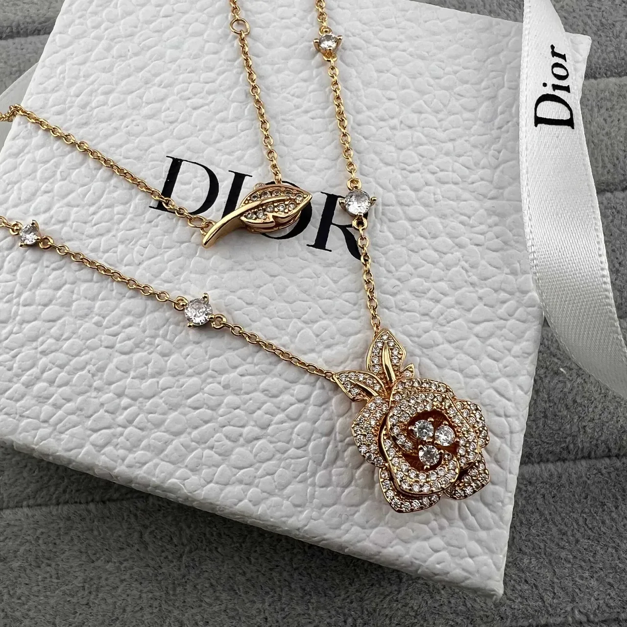 Dior Rose Silver Gold Pavé-Crystal Pendant Leaf-Accent Clasp Necklace 3