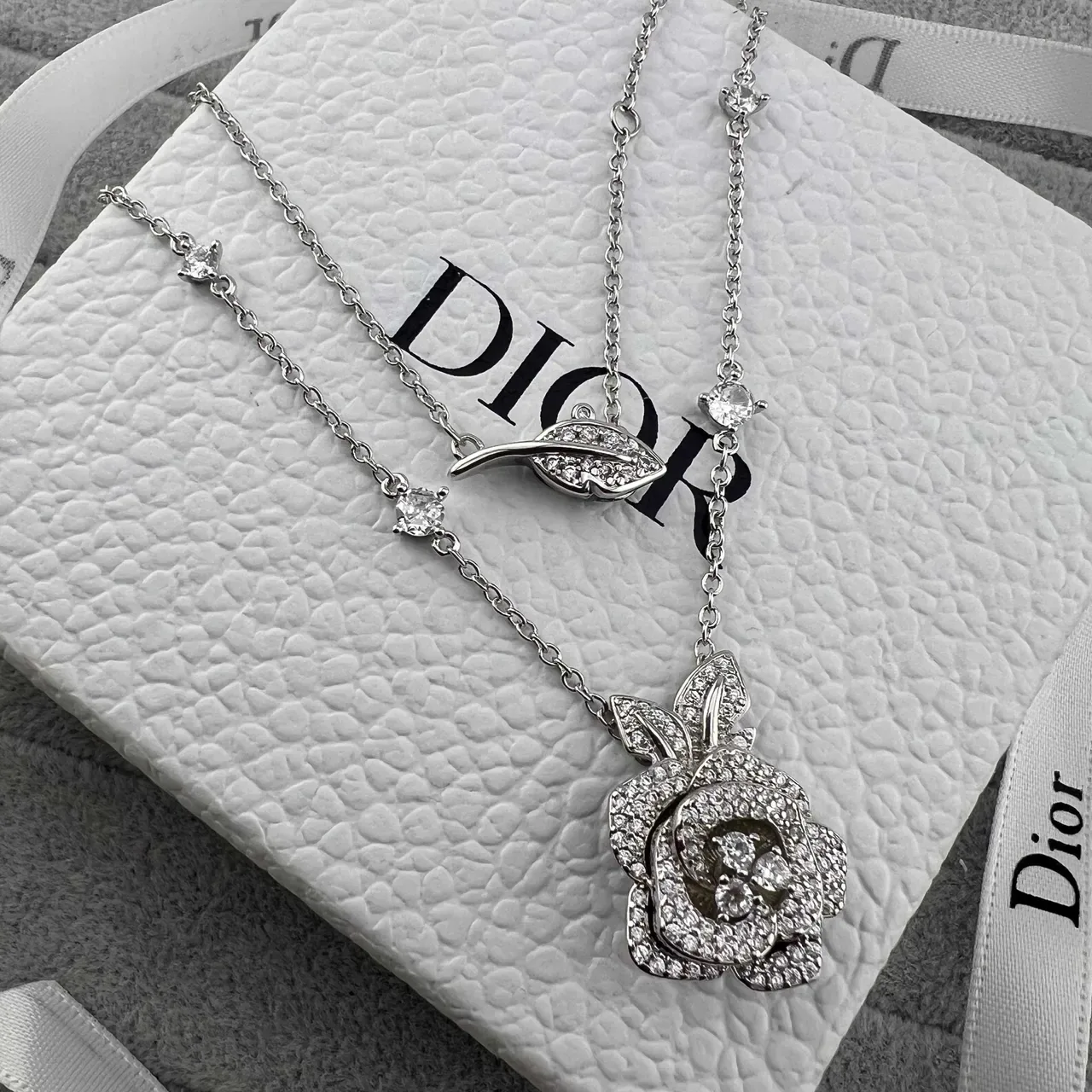Dior Rose Silver Gold Pavé-Crystal Pendant Leaf-Accent Clasp Necklace 4