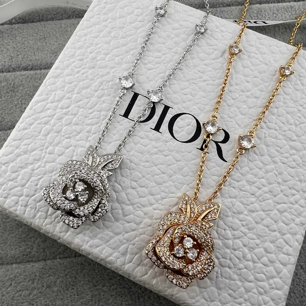 Dior Rose Silver Gold Pavé-Crystal Pendant Leaf-Accent Clasp Necklace 5