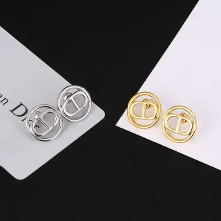 Dior Silver Gold Circular Double-Ring Frame Interlocked CD Monogram Earrings