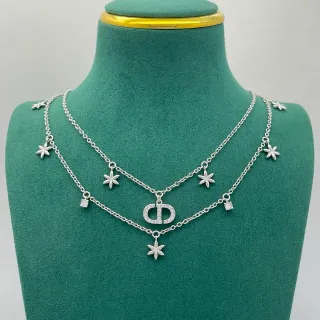 Dior Silver Multi-Layered Chain Pavé-Crystal CD Logo Necklace