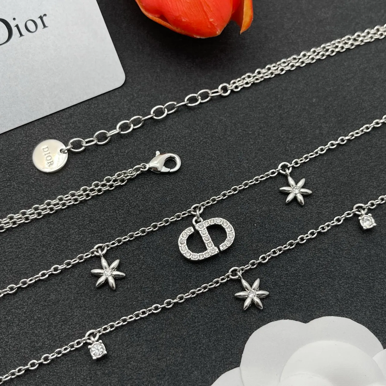 Dior Silver Multi-Layered Chain Pavé-Crystal CD Logo Necklace 3