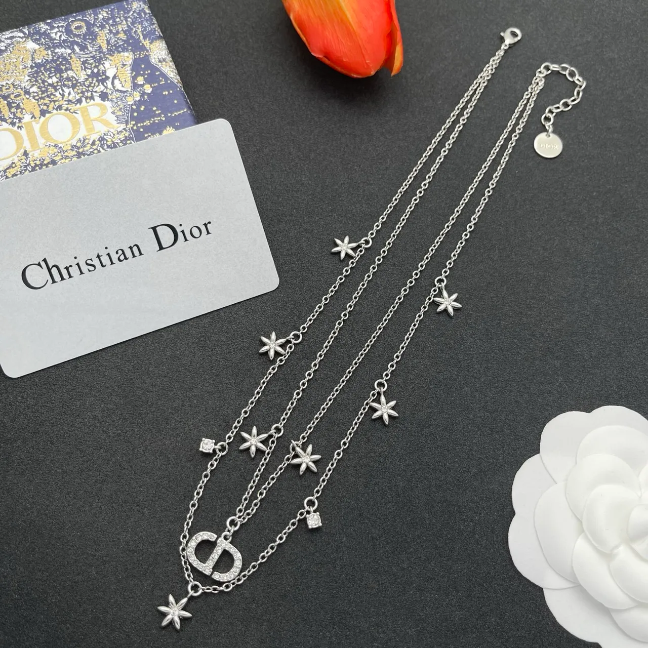 Dior Silver Multi-Layered Chain Pavé-Crystal CD Logo Necklace 6
