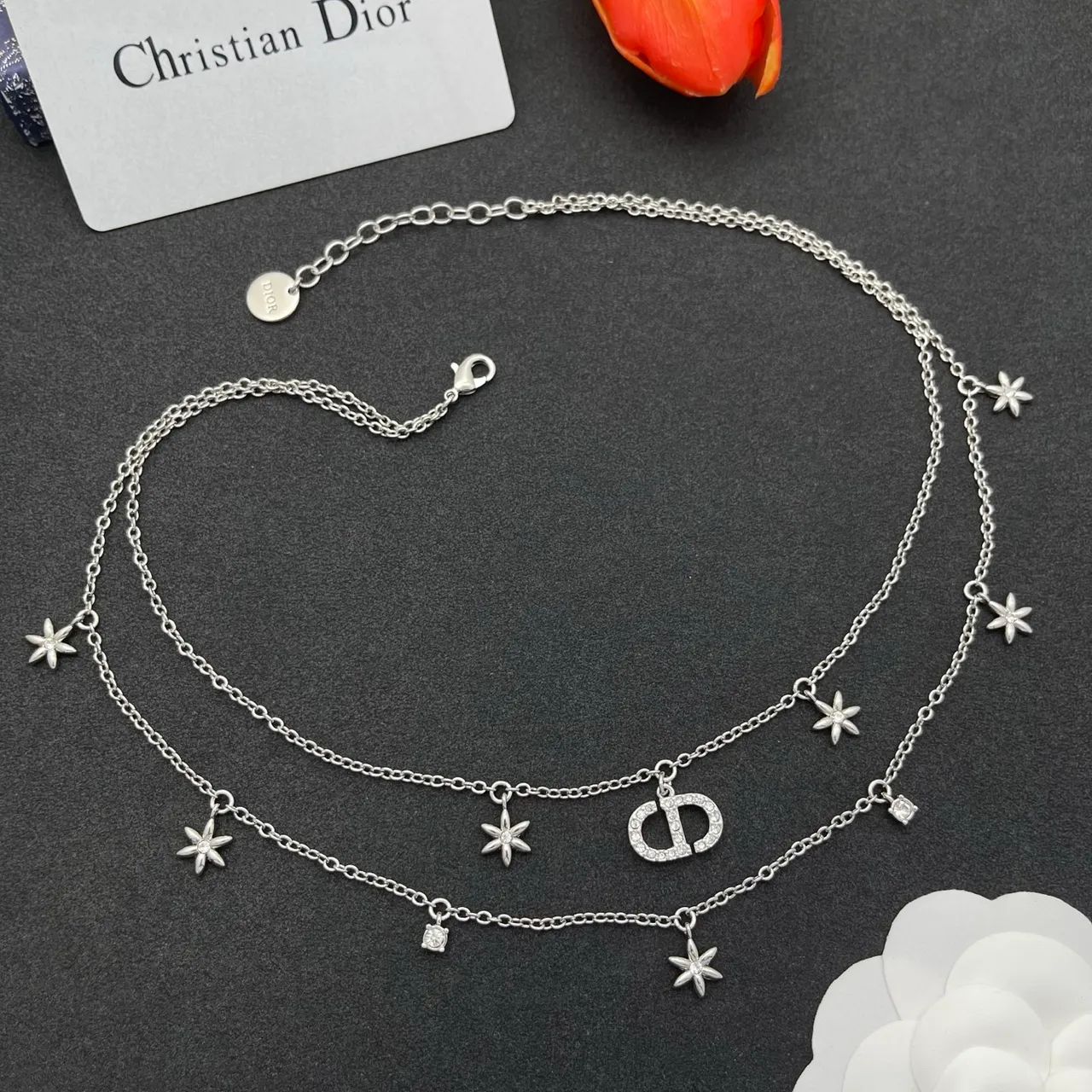Dior Silver Multi-Layered Chain Pavé-Crystal CD Logo Necklace 7